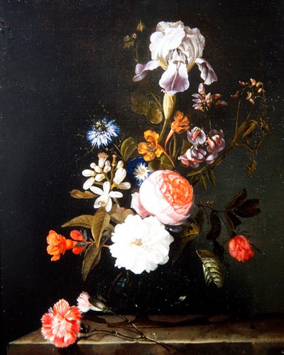 Uma Natureza Morta de Flores em um vaso que repousa sobre um Ledge (óleo sobre painel) de Cornelis Kick