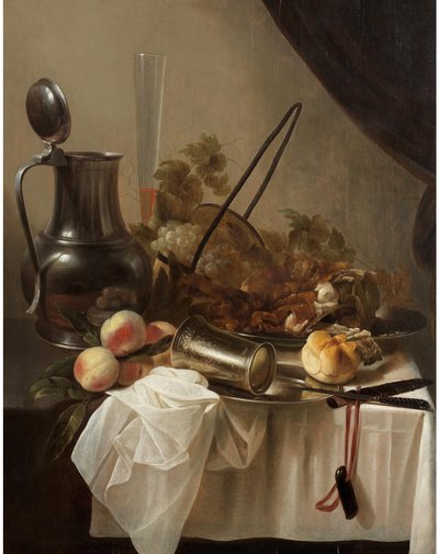 Um jarro de estanho com uma taça de prata virada, com fruta, pão e carne sobre uma mesa coberta de Cornelis Kruys