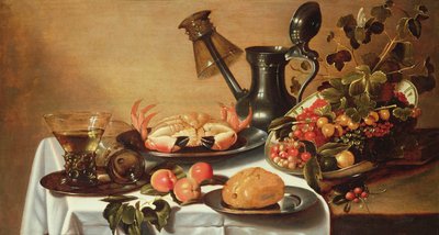 Ainda vida de fruta com caranguejo, roehmer capotado no bico do jarro de Cornelis Kruys