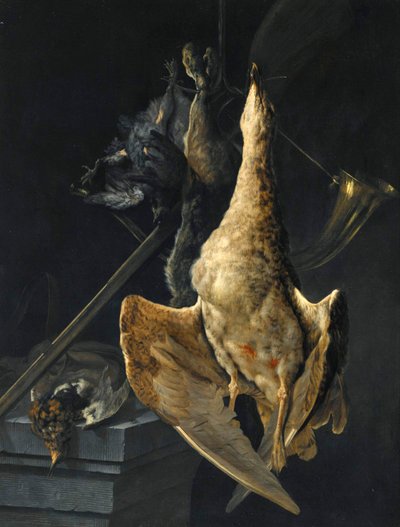 Natureza morta de caça com um ganso, uma lebre, um corno de caça, uma caçadeira e outra caça de Cornelis Lelienbergh