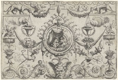 Ornamento com três figuras ajoelhadas sob um pano de Cornelis Massijs (attributed to)
