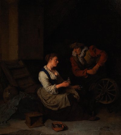 A Cavalier and a Woman at the Spinning Wheel, 1662. de Cornelis Pietersz. Bega