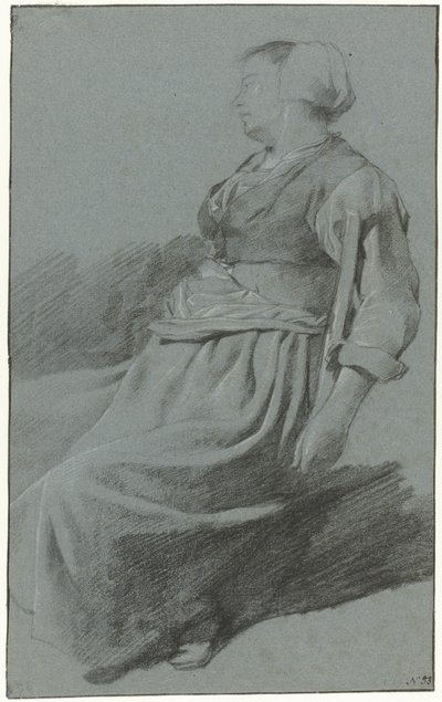 Mulher sentada, virada para a esquerda e usando um boné, com o braço pendurado nas costas de uma cadeira à esquerda de Cornelis Pietersz. Bega