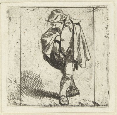 Homem de pé com a mão direita no peito enfiada no manto de Cornelis Pietersz. Bega