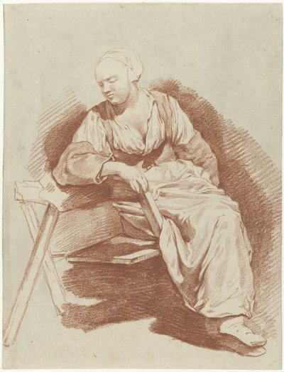Estudo de uma mulher sentada, apoiada no seu braço direito de Cornelis Pietersz. Bega
