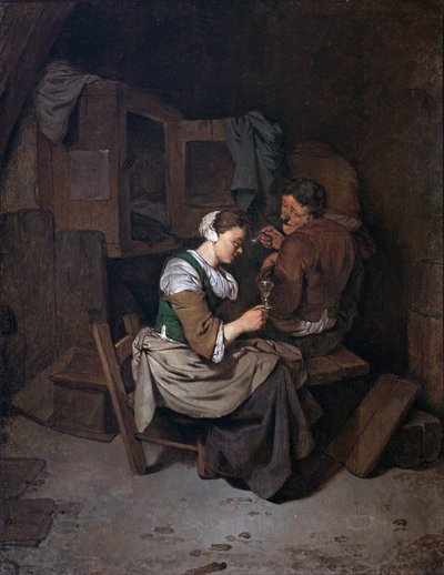 Mulher com copo de vinho e dois camponeses de Cornelis Pietersz Bega