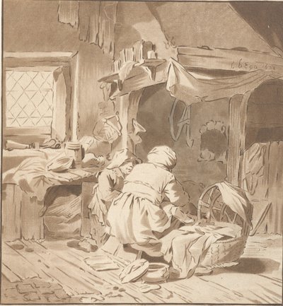Interior da fazenda com duas mulheres de Cornelis Ploos van Amstel (signed by artist)