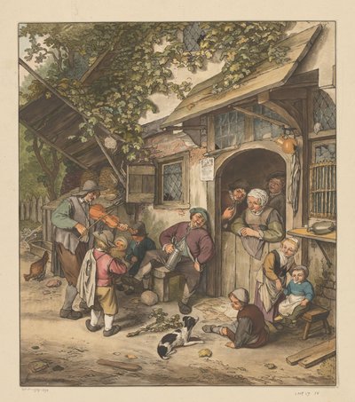 Violinista na frente de uma pousada de Cornelis Ploos van Amstel (signed by artist)