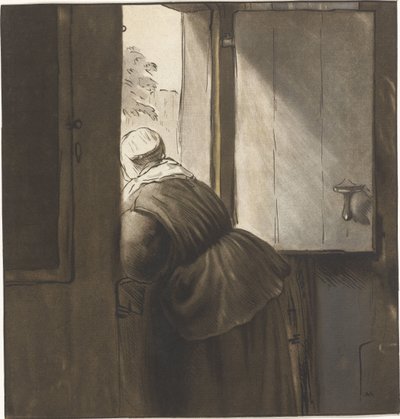 Mulher inclinada sobre uma porta inferior de Cornelis Ploos van Amstel (signed by artist)