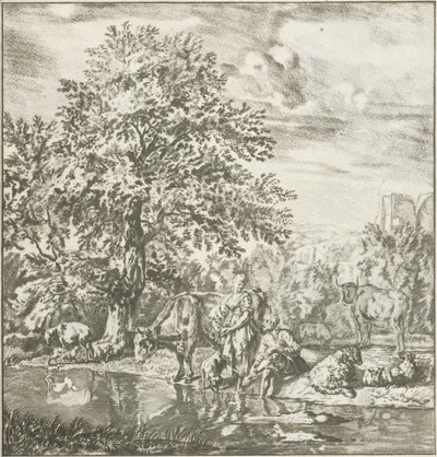 Pastor e pastora com rebanho junto a um rio
Trabalho de impressão (título da série) de Cornelis Ploos van Amstel