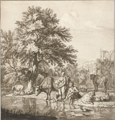 Pastor e pastora com rebanho por um rio Trabalho impresso (título da série) de Cornelis Ploos van Amstel