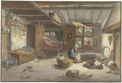 Interior com mulher por berço de Cornelis Ploos van Amstel
