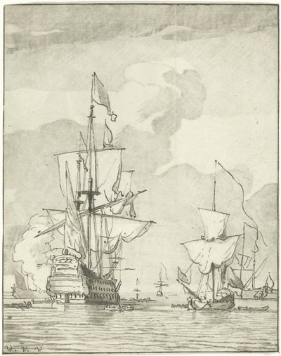 Navio de guerra a soltar um tiro de Cornelis Ploos van Amstel