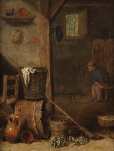 Interior de uma cozinha com uma figura sentada na sala adjacente de Cornelis Saftleven
