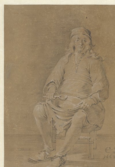 Homem sentado com uma tigela no colo de Cornelis Saftleven