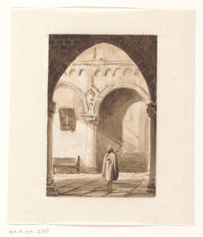 Interior de uma igreja com um monge de Cornelis Springer