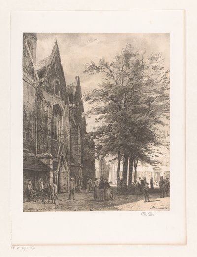 Pessoas em frente à Igreja do Mercado em Hamelin Hamelin (título no objeto) de Cornelis Springer