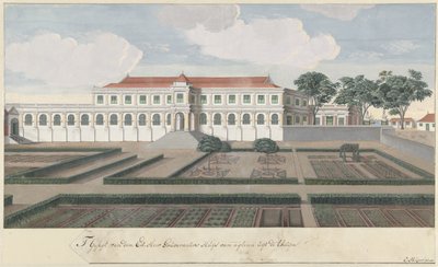 A Casa do Governador com jardim em Colombo, no Ceilão
Vista da Ed. A casa do Lorde Governador, do fundo do Thuijn. (título sobre o objecto) de Cornelis Steiger