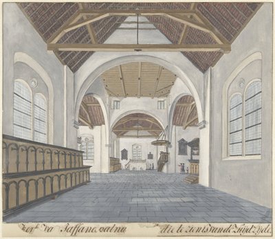 Interior da igreja no forte de Jaffnapatnam em Jaffna no Ceilão
Igreja va[n] Jaffanapatna[m (...)] a ser vista do lado Sul (título sobre o objecto) de Cornelis Steiger