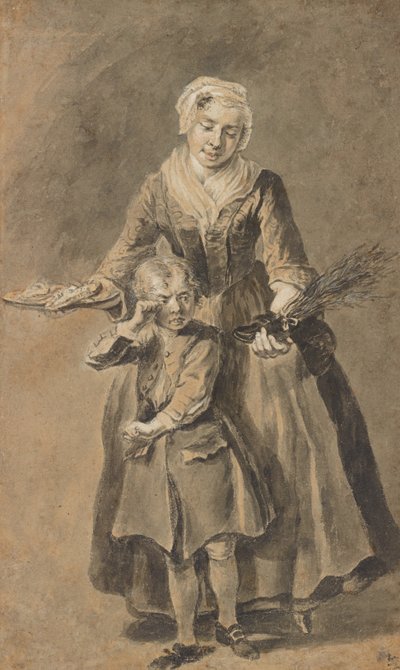 Uma mulher mostra a um rapaz choroso o seu sapato de interruptores de Cornelis Troost