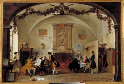 Alegoria de guerra contra a França Soldados holandeses estudam estratégias durante a Guerra da Sucessão Espanhola (1701-1714) entre França e Espanha e uma coalizão formada pela Inglaterra, Holanda e Prússia. Pintura de Cornelis Troost (1697-1750) 1747 Os H de Cornelis Troost