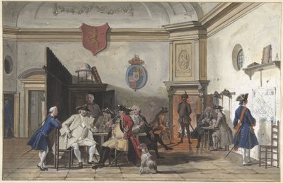 Sala de espera com agentes a ler, fumar e jogar às cartas de Cornelis Troost