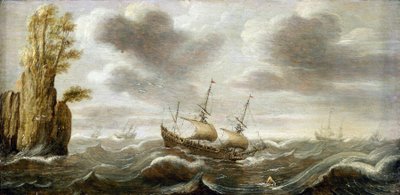Barco holandês num mar turbulento, a girar ao largo de um rochedo, com vegetação no cume, outros barcos representados no horizonte de Cornelis Verbeeck