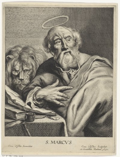 Marco Evangelista com leão
S. MARCVS (título sobre o objecto)
Quatro evangelistas (título da série) de Cornelis Visscher (II)