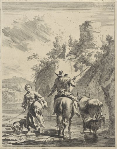 Pastor e pastora num forte
Paisagens inclinadas (título da série) de Cornelis Visscher (II)