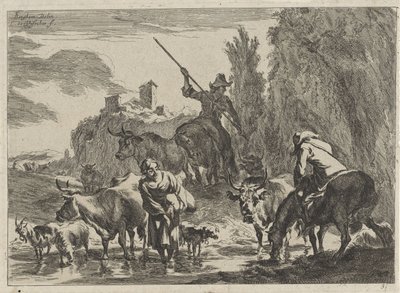 Pastores com gado percorrem um riacho Paisagens (título da série) de Cornelis Visscher (II)