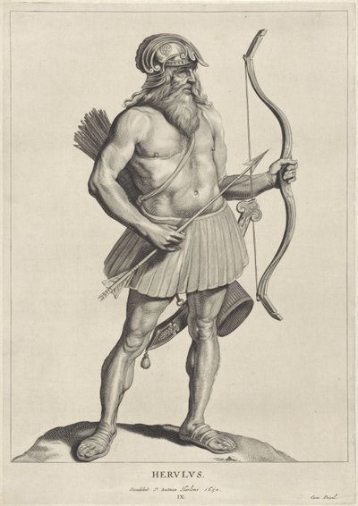 heruliano Herulus (título no objeto) Oude hier woonachtige volken (título da série) Peplus ou os godos, os vândalos, os suevos, os hérulos, os gépidas, os marcomanos e os antigos quádruplos Imagens dos monumentos antigos e do museu de Marcus Zuerius Boxhor de Cornelis Visscher (II)