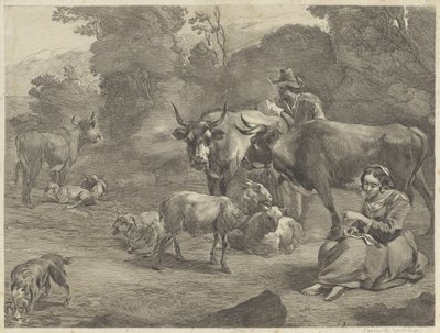 Paisagem com um pastor e uma pastora de costura de Cornelis Visscher (II)