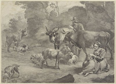 Paisagem com um pastor e uma pastora de costura de Cornelis Visscher (II)