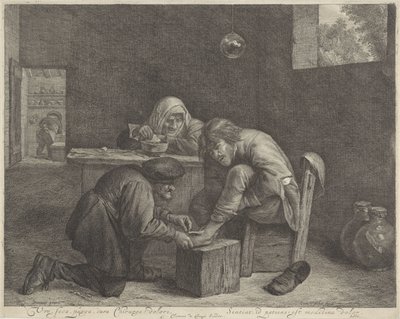 Homem no consultório de um médico
Vre, seca, purga, cura Chirurge! dolori (título sobre o objecto) de Cornelis Visscher (II)