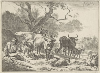 Descansando o velho pastor com seu rebanho Paisagens (título da série) de Cornelis Visscher (II)