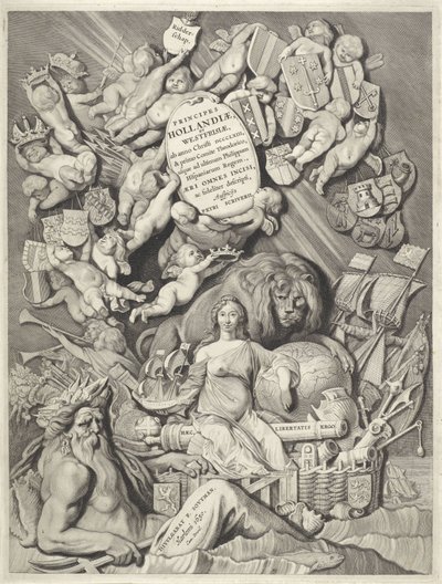 Impressão de título para uma série de condes e condes da Holanda, Zeeland e West Friesland
PRINCÍPIOS / HOLLANDIÆ, / ZELANDIÆ ET FRISIÆ, / (...) / PETRI SCRIVERII (título sobre o objecto)
Contagens e condados da Holanda, Zeeland e Friesland Ocidental (tí de Cornelis Visscher (II)
