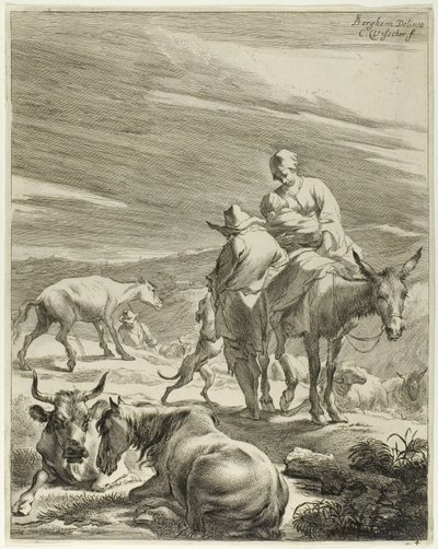 Uma mãe e um filho envolto em faixas montando um burro, prato 4 de Quatro paisagens de Cornelis Visscher