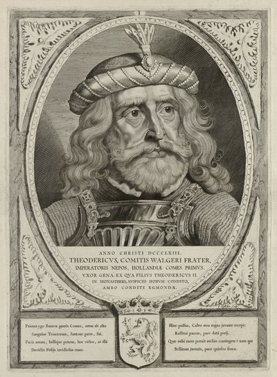 Dirk I, conde da Holanda, de armadura. A moldura está decorada com o brasão de armas da Holanda. NL-HlmNHA 1477 53012894 de Cornelis Visscher