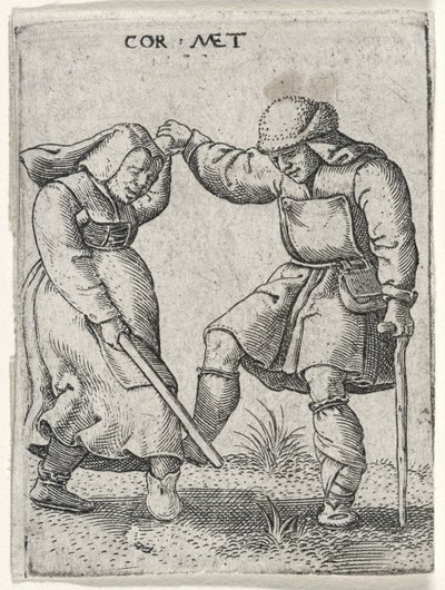 Um homem com um pé enfaixado dançando com uma mulher, 1572 (gravura em papel) de Cornelis after Massys