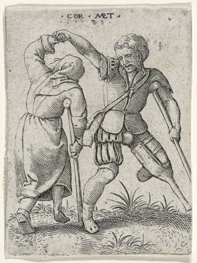 Um homem com uma perna de pau, transformando uma mulher coxo sob o braço, 1572 (gravura em papel) de Cornelis after Massys