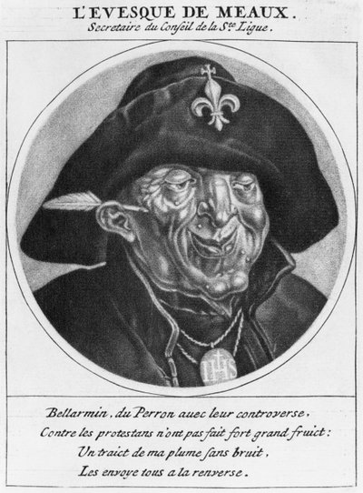 Caricatura Protestante de Bossuet, Bispo de Meaux, ilustração de Os Heróis da Liga ou Procissão monacal, liderada por Luís XIV, pela conversão dos protestantes de seu reino, Paris, de Cornelis and Gole, Jacob Dusart