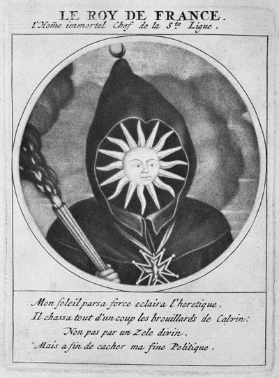 Caricatura Protestante do Rei Luís XIV (1638-1715), ilustração de Os Heróis da Liga ou A Procissão do Monge, liderada por Luís XIV, para a conversão dos protestantes do seu reino, Paris de Cornelis and Gole, Jacob Dusart