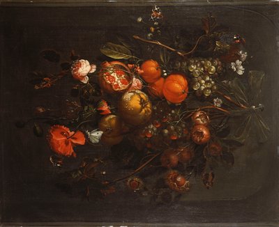 Um buquê de frutas e flores penduradas em um prego em um nicho de Cornelis de Heem