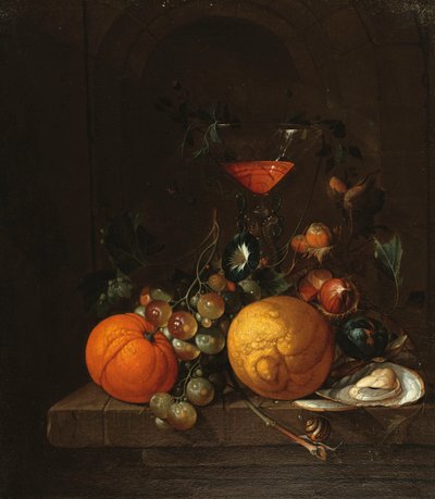 Um limão, uma laranja, uvas, uma ostra e um copo de vinho em uma borda de Cornelis de Heem