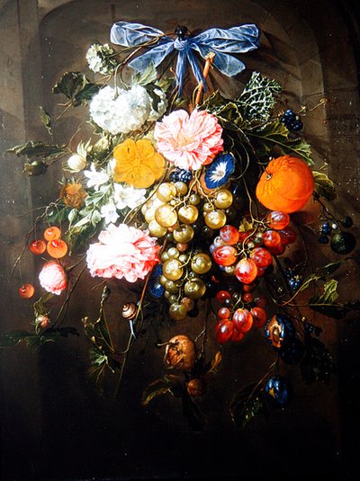 Uma Natureza Morta de Flores e Frutos amarrados com um Arco Azul de Cornelis de Heem