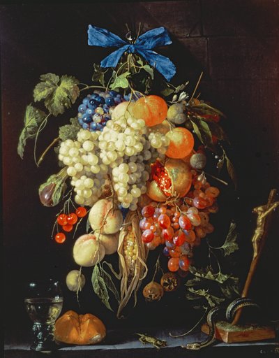 Buquê de frutas com símbolos eucarísticos em uma borda abaixo de Cornelis de Heem