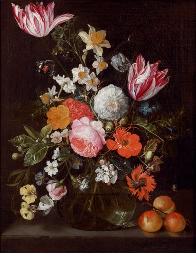 Flores numa jarra de vidro sobre uma pedra com damascos de Cornelis de Heem