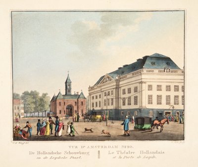 Vista de Amesterdão No.20. De Hollandsche Schouwburg em de Leydsche Poort. O teatro holandês e o porto de Leiden, 1825 (gravura colorida à mão) de Cornelis de Kruyff