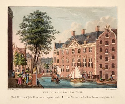 Vue d&39;Amsterdam No.35. O Oude Zijds Heeren-Logement. La Maison dite OZ Heeren-Logement, 1825 (gravura colorida à mão) de Cornelis de Kruyff