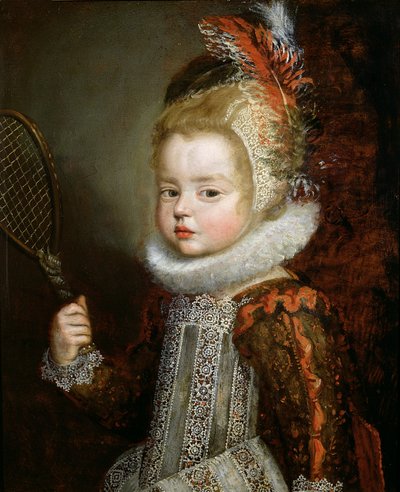 Um retrato de uma criança segurando uma raquete (óleo no painel) de Cornelis de Vos